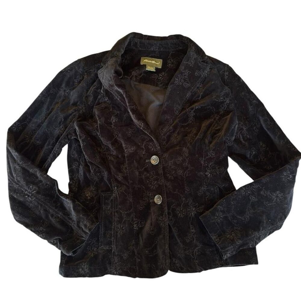 Eddie Bauer black velvet blazer with subtle floral pattern, size 6